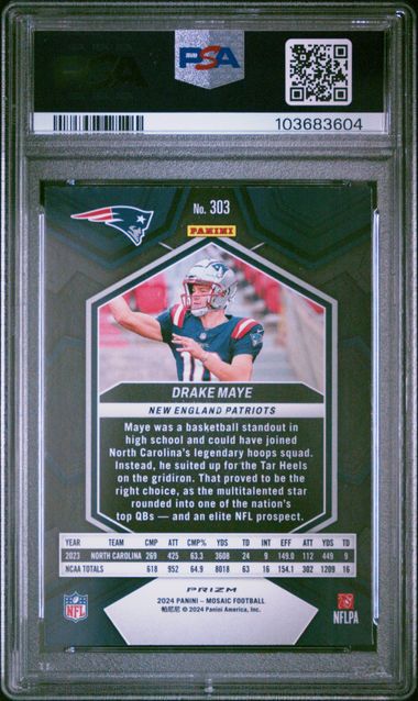 Graded 2024 Panini Mosaic Drake Maye #303 Reactive Yellow Rookie RC Football Card PSA 10 Gem Mint