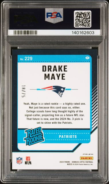Graded 2024 Panini Donruss Optic Drake Maye #229 /75 Electricity Rookie RC Football Card PSA 9 Mint