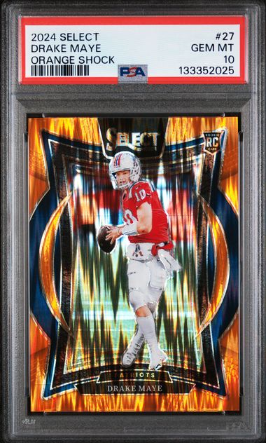 Graded 2024 Panini Select Drake Maye #27 /499 Orange Shock Rookie RC Football Card PSA 10 Gem Mint