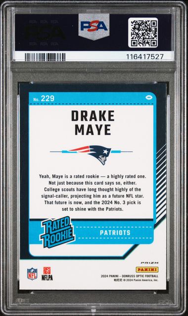 Graded 2024 Panini Donruss Optic Drake Maye #229 Holo Rookie RC Football Card PSA 9 Mint
