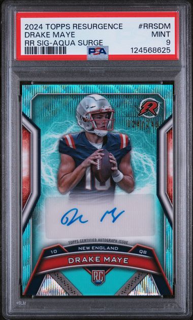 Graded 2024 Topps Resurgence Drake Maye #RRSDM /249 Aqua Surge Auto Rookie RC Football Card PSA 9 Mint