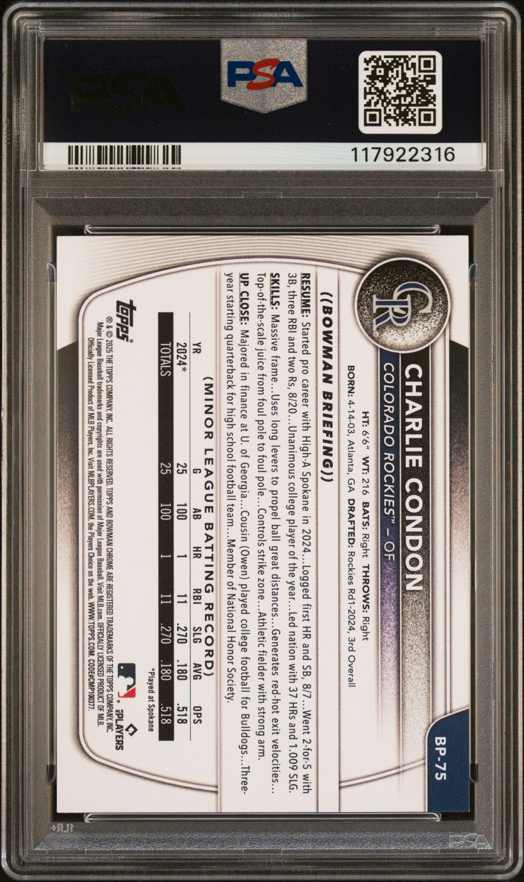 Graded 2025 Topps Bowman Charlie Condon #BP75 Paper Prospects Rookie RC Baseball Card PSA 10 Gem Mint