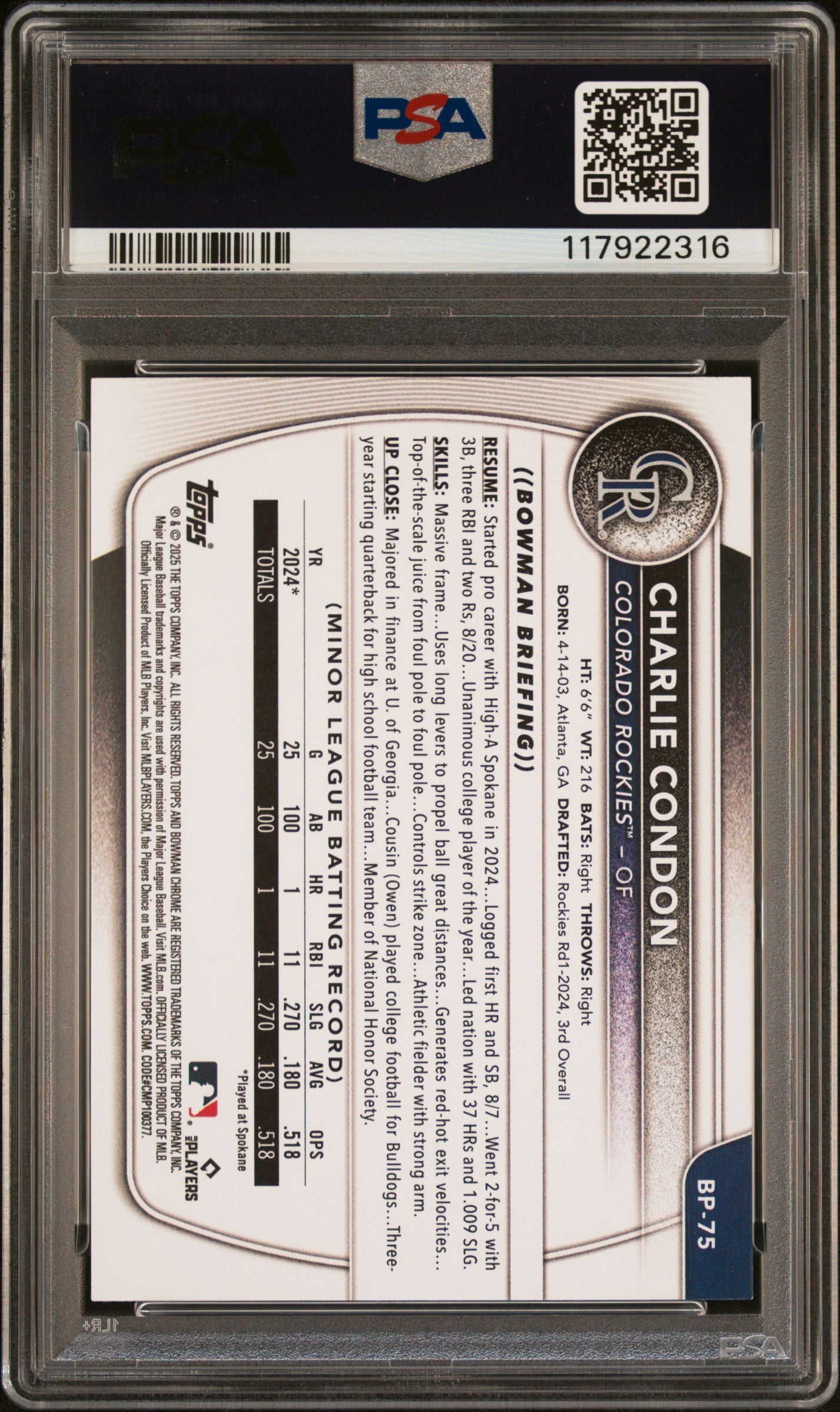 Graded 2025 Topps Bowman Charlie Condon #BP75 Paper Prospects Rookie RC Baseball Card PSA 10 Gem Mint