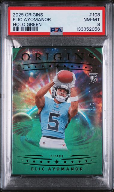 2025 Panini Origins Holo Green Elic Ayomanor #108 1/5 Rookie RC Football Card PSA 8 NM-MT