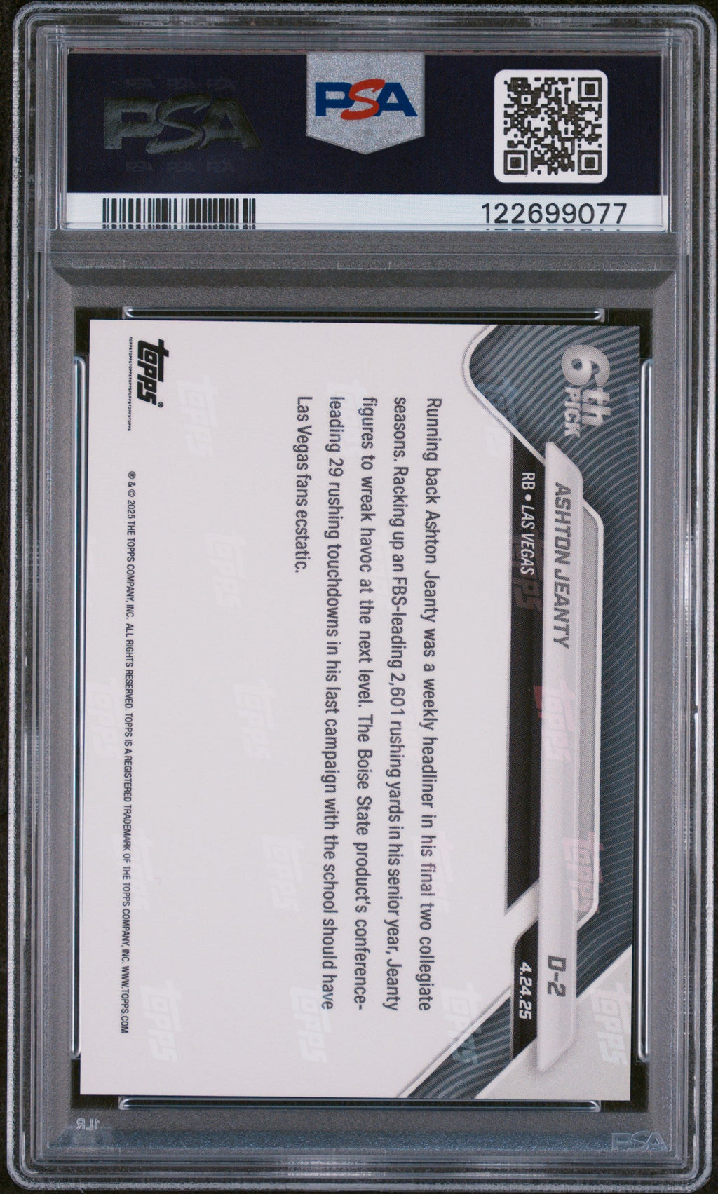 Graded 2025 Topps Now Ashton Jeanty #D2 Record Setting RB Selected 6th Overall Rookie RC Football Card PSA 10 Gem Mint