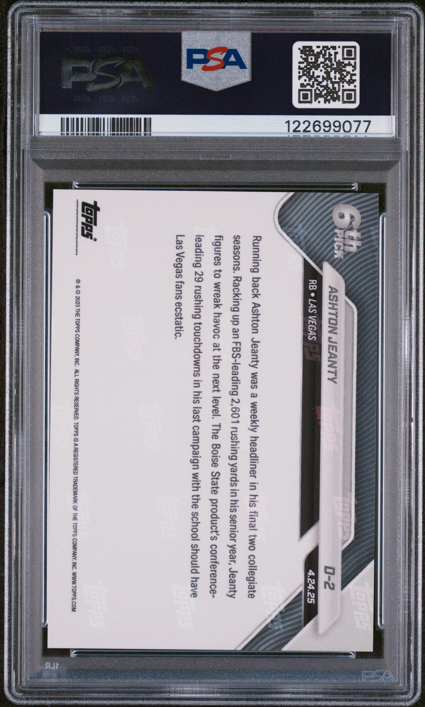 Graded 2025 Topps Now Ashton Jeanty #D2 Record Setting RB Selected 6th Overall Rookie RC Football Card PSA 10 Gem Mint