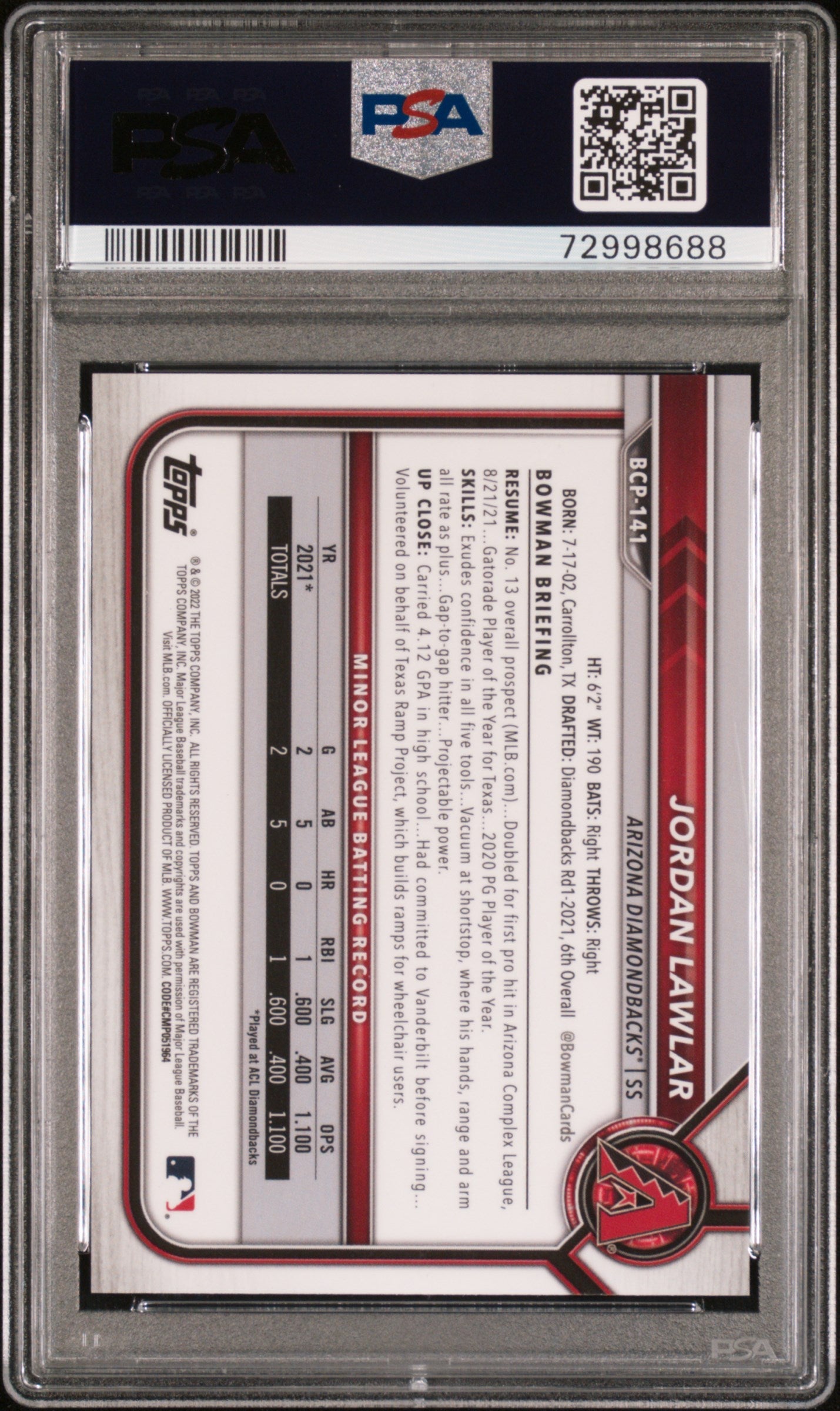 Graded 2022 Topps Bowman Sapphire Edition Jordan Lawler #BCP141 Chrome Prospects Aqua /55 Rookie RC Baseball Card PSA 10 Gem Mint