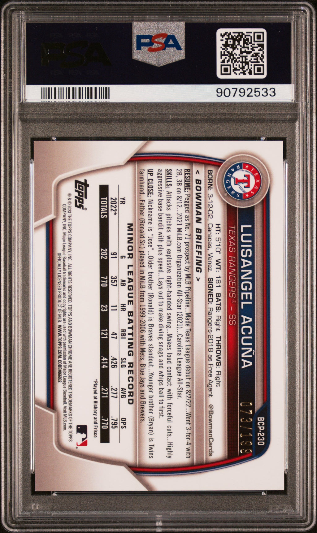 Graded 2023 Topps Bowman Chrome Mega Box Luisangel Acuna #230 Pink /199 Rookie RC Baseball Card PSA 10 Gem Mint