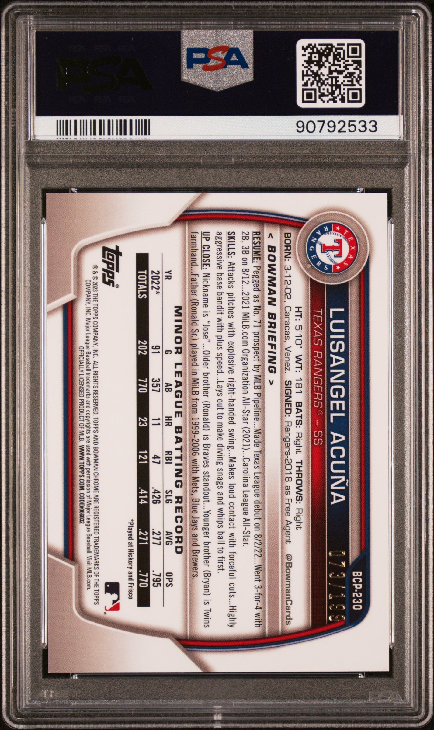 Graded 2023 Topps Bowman Chrome Mega Box Luisangel Acuna #230 Pink /199 Rookie RC Baseball Card PSA 10 Gem Mint