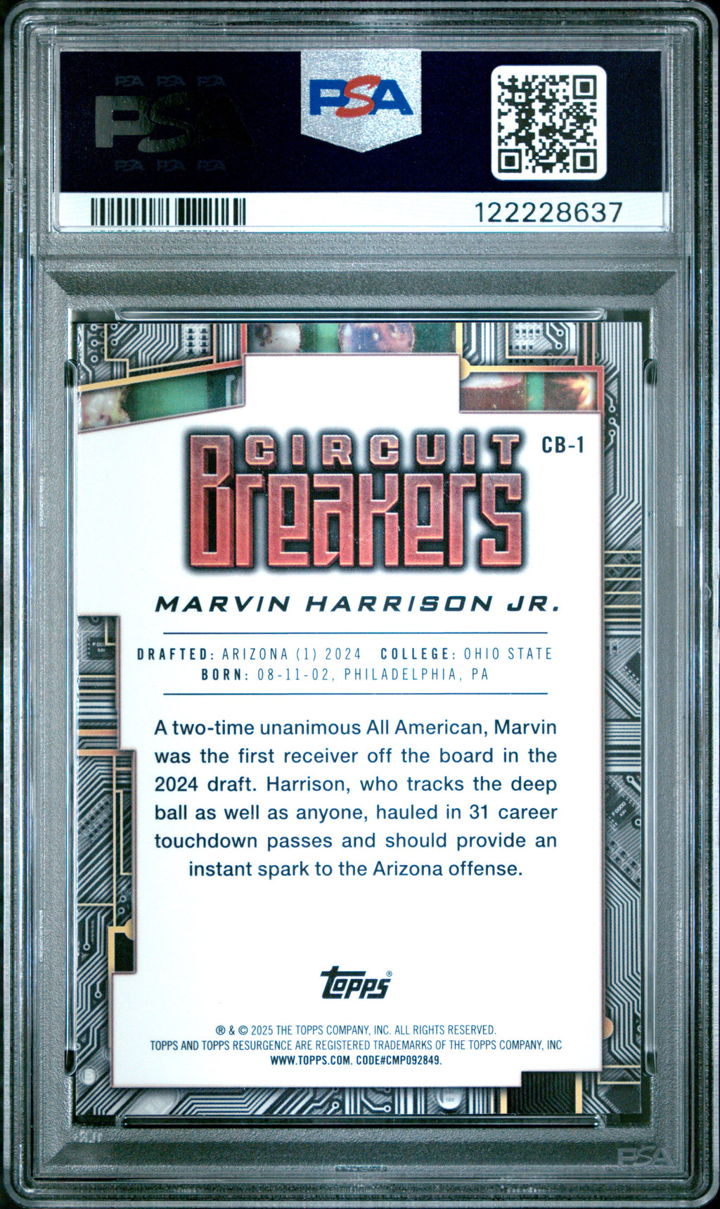 Graded 2024 Topps Resurgence Marvin Harrison Jr #CB1 Circuit Breakers Teal Surge /150 Rookie RC Football Card PSA 10 Gem Mint