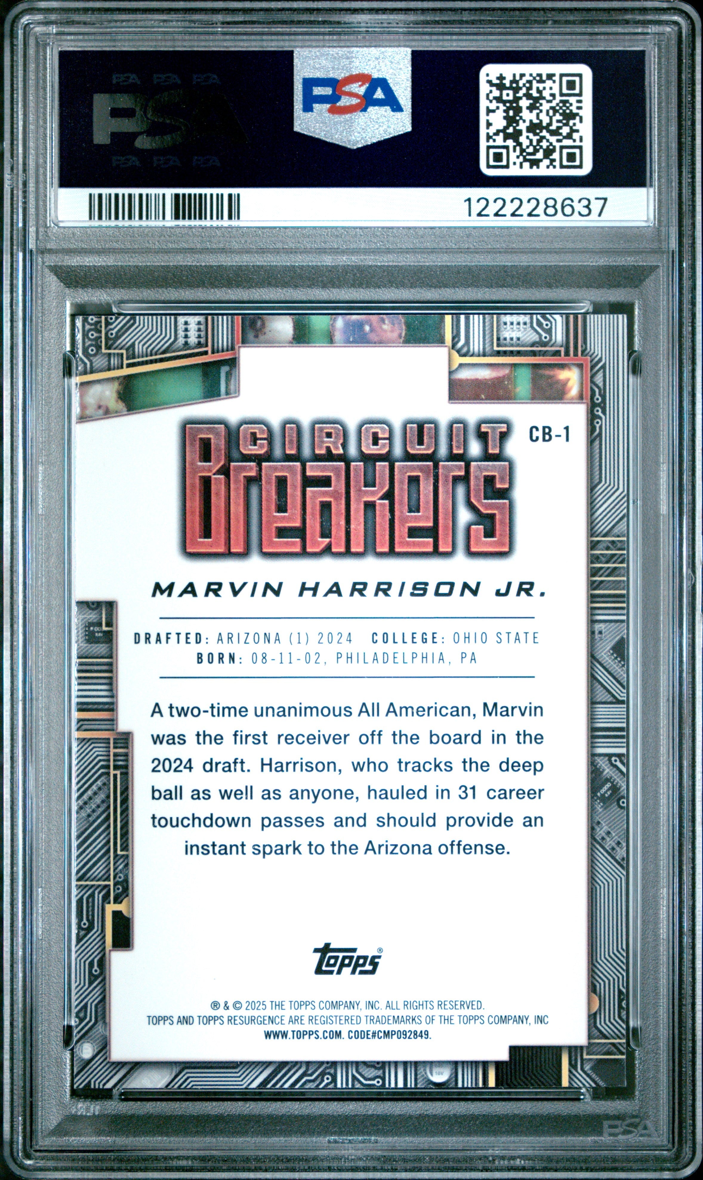 Graded 2024 Topps Resurgence Marvin Harrison Jr #CB1 Circuit Breakers Teal Surge /150 Rookie RC Football Card PSA 10 Gem Mint