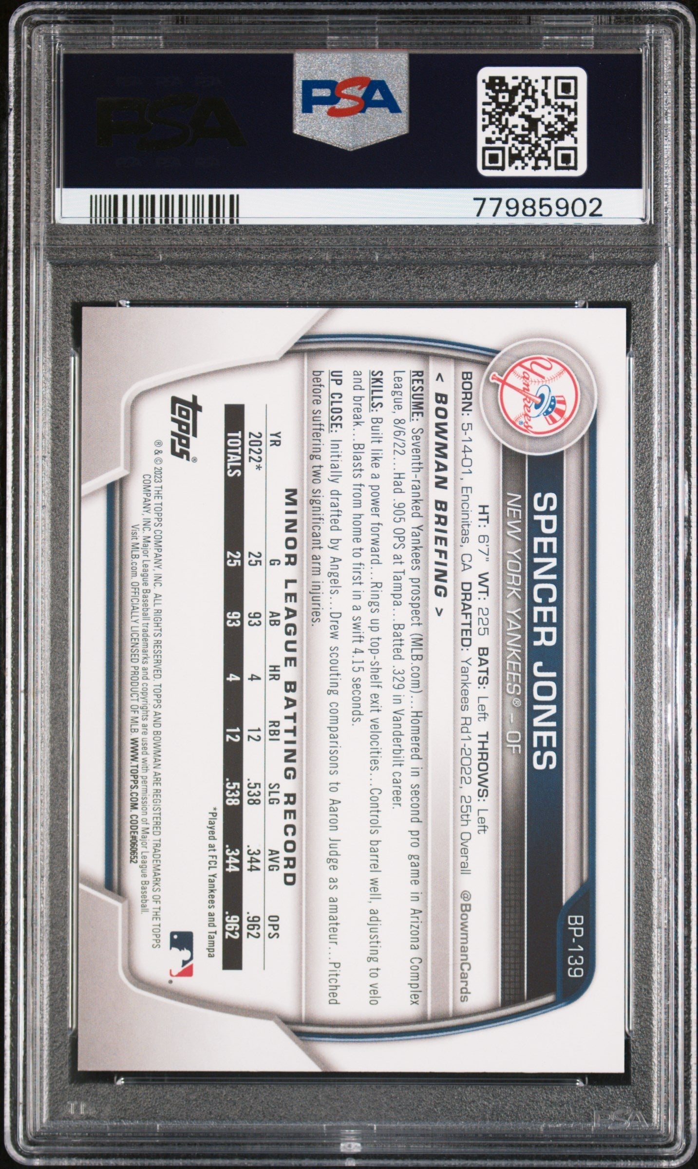 Graded 2023 Topps Bowman Spencer Jones #BP139 Paper Prospects Rookie RC Baseball Card PSA 10 Gem Mint