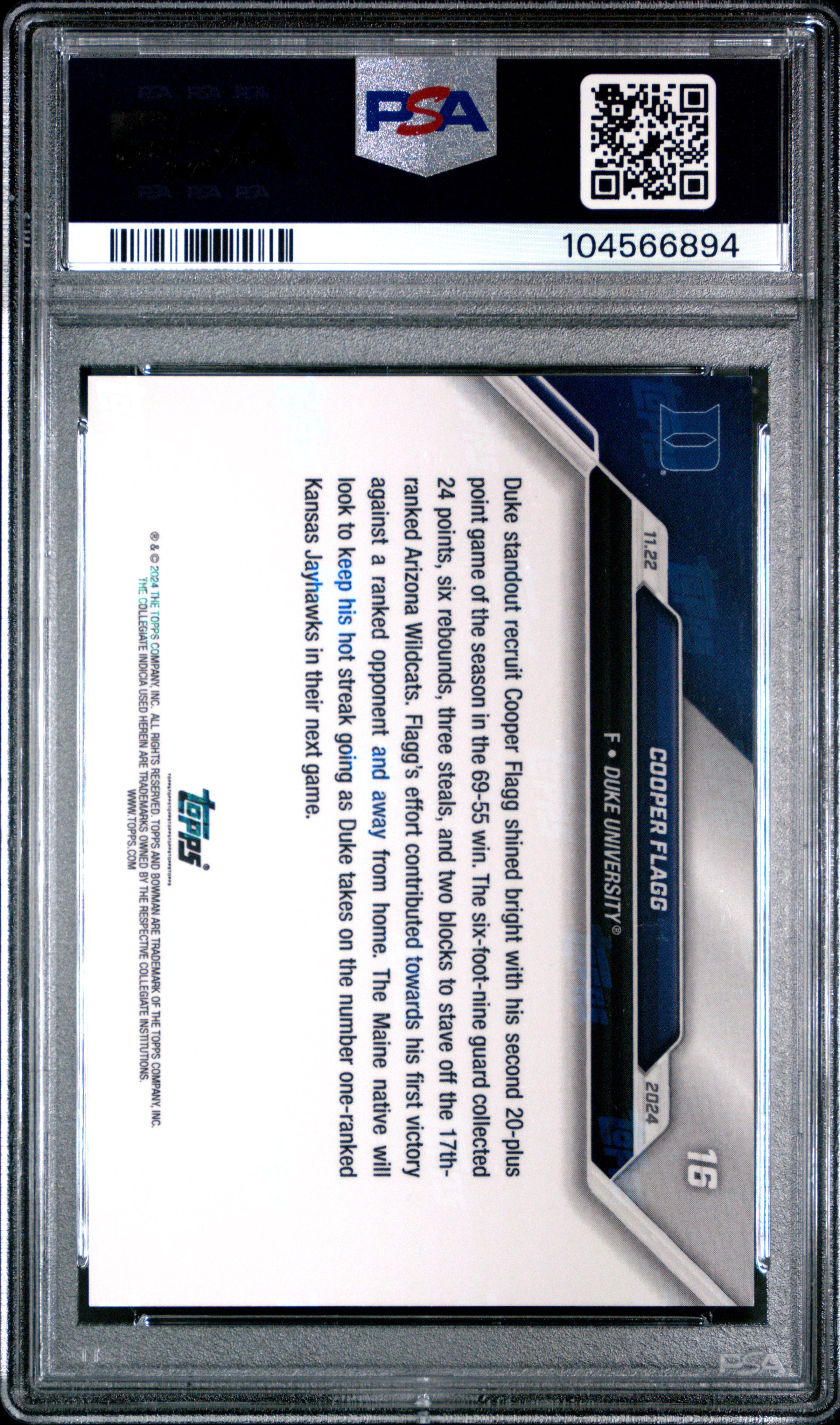 Graded 2024 Topps Bowman U Now Cooper Flagg #16 Top Recruit Shines in 1st Career Ranked Win Rookie RC Basketball Card PSA 10 Gem Mint