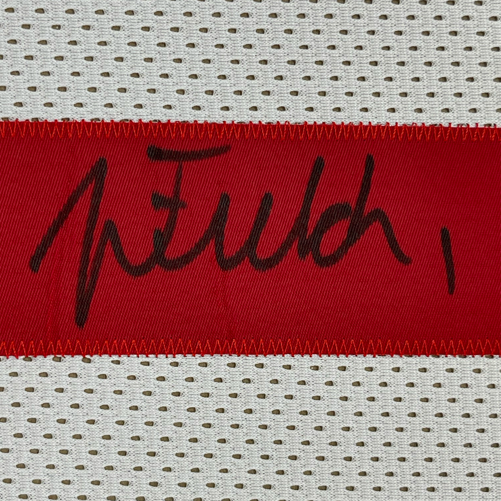 Framed Autographed/Signed Justin Fields 35x39 Ohio State White College Football Jersey Beckett BAS COA