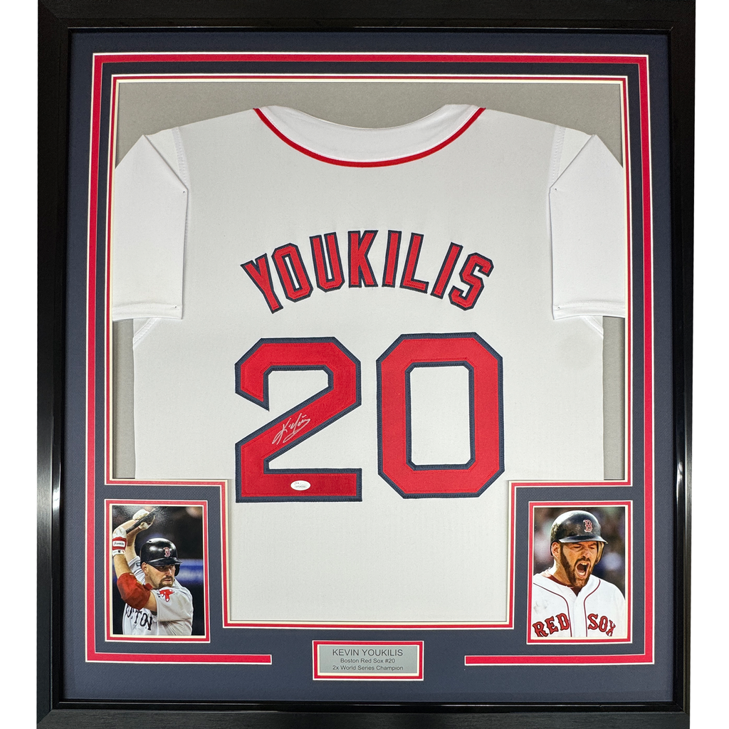 Framed Autographed/Signed Kevin Youkilis 35x39 Boston White Baseball Jersey JSA COA