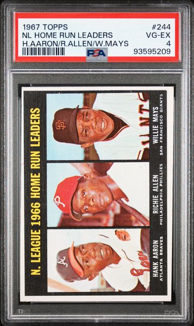 Graded 1967 Topps NL Home Run Leaders Willie Mays Hank Aaron Richie Allen #244 Baseball Card PSA 4 VG-EX