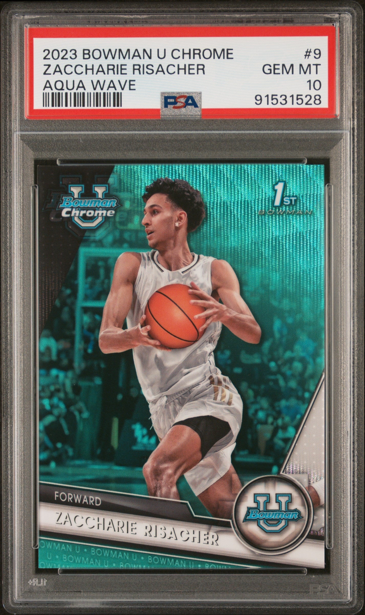 Graded 2023 Topps Bowman U Chrome Zaccharie Risacher #9 Aqua Wave /299 Rookie RC Basketball Card PSA 10 Gem Mint