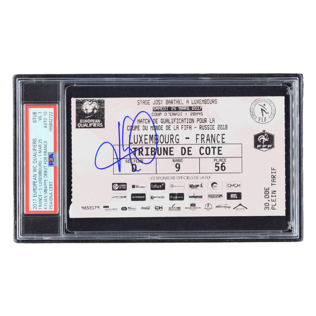 Kylian Mbappe Signed 2017 Qualifiers Mbappe France Debut Ticket - PSA 3 AUTO 10