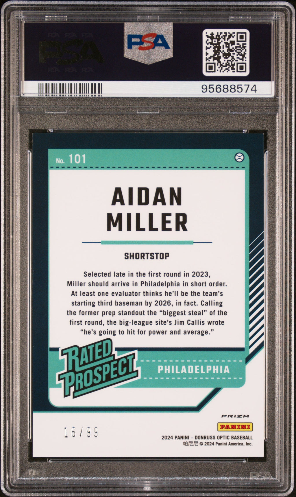 Graded 2024 Panini Donruss Aidan Miller #101 Optic Red /99 Rookie RC Baseball Card PSA 10 Gem Mint