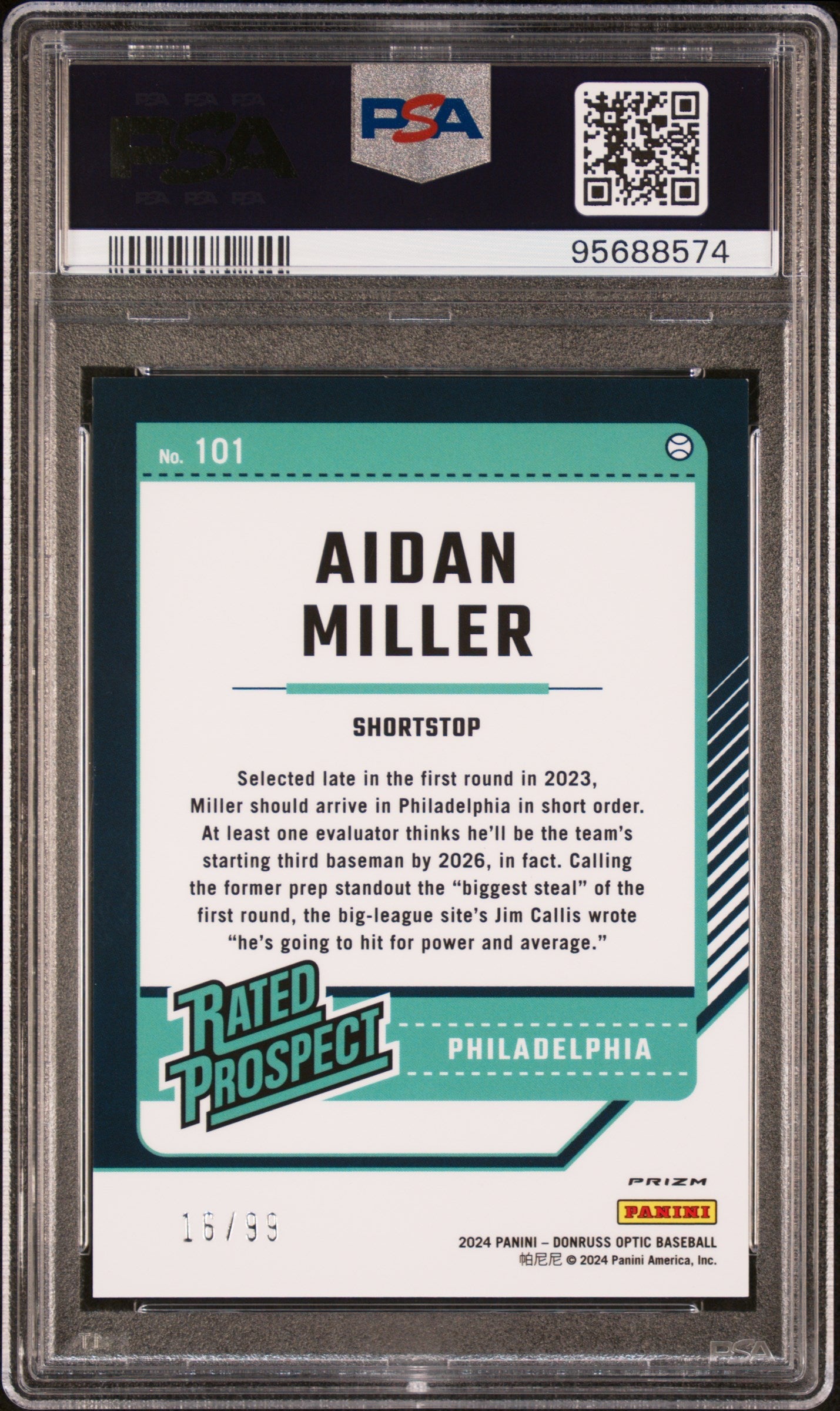 Graded 2024 Panini Donruss Aidan Miller #101 Optic Red /99 Rookie RC Baseball Card PSA 10 Gem Mint