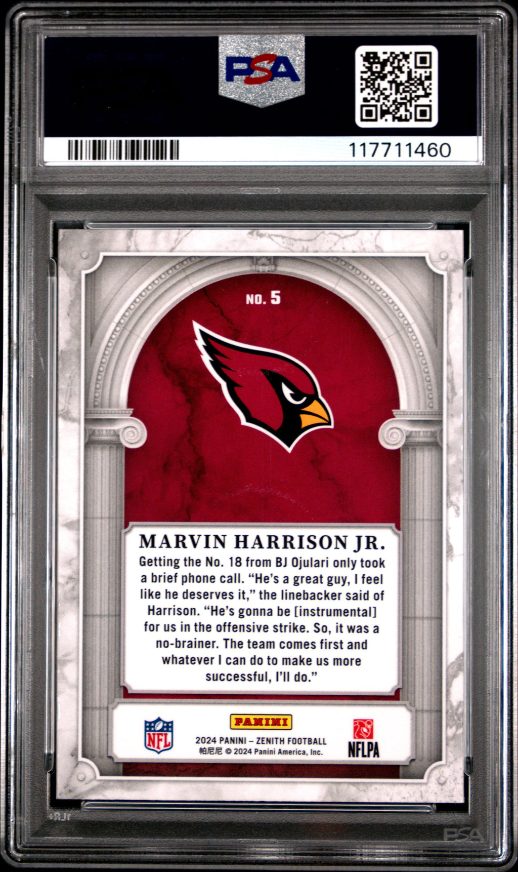 Graded 2024 Panini Zenith Marvin Harrison Jr #5 Z Marquee Rookie RC Football Card PSA 10 Gem Mint