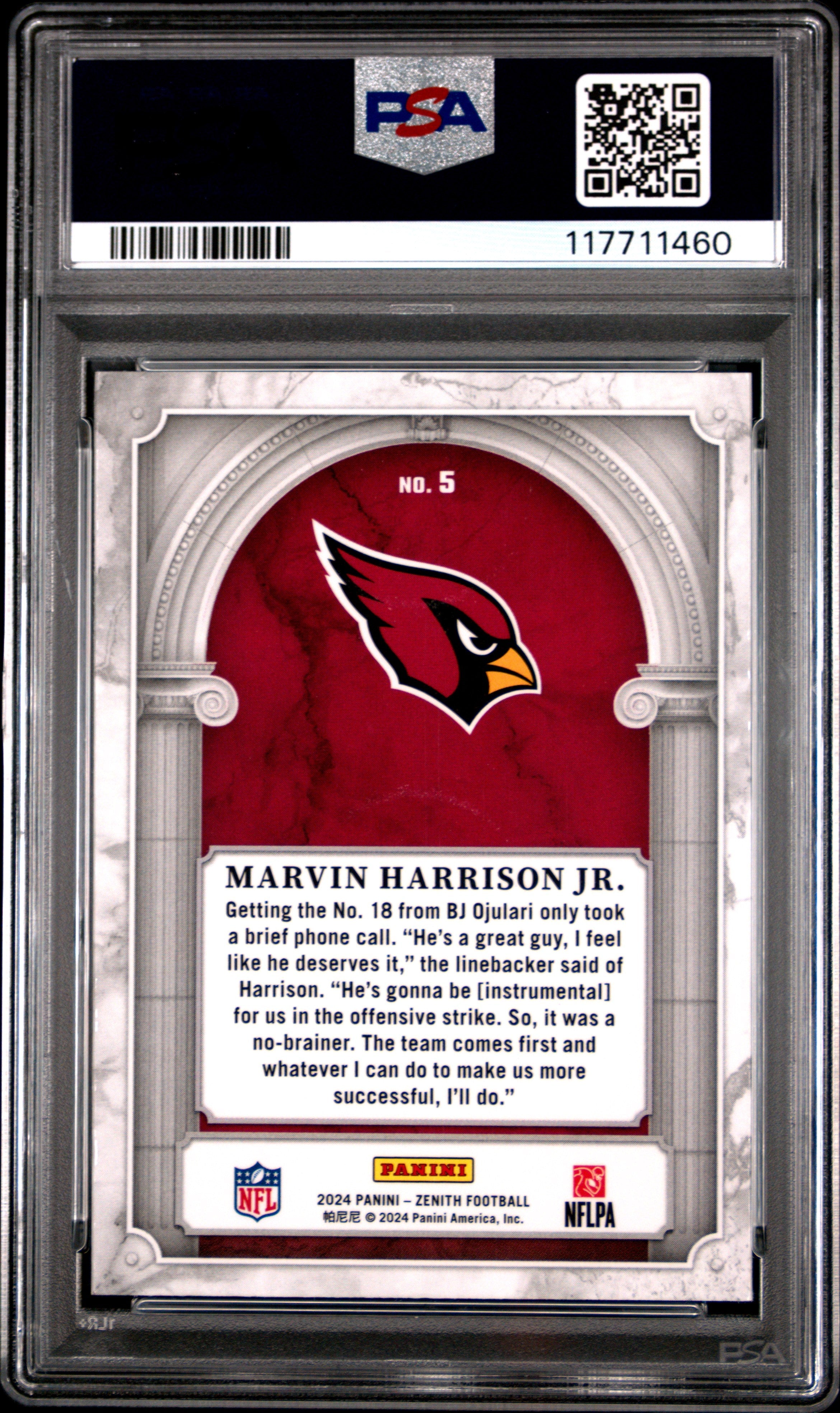 Graded 2024 Panini Zenith Marvin Harrison Jr #5 Z Marquee Rookie RC Football Card PSA 10 Gem Mint