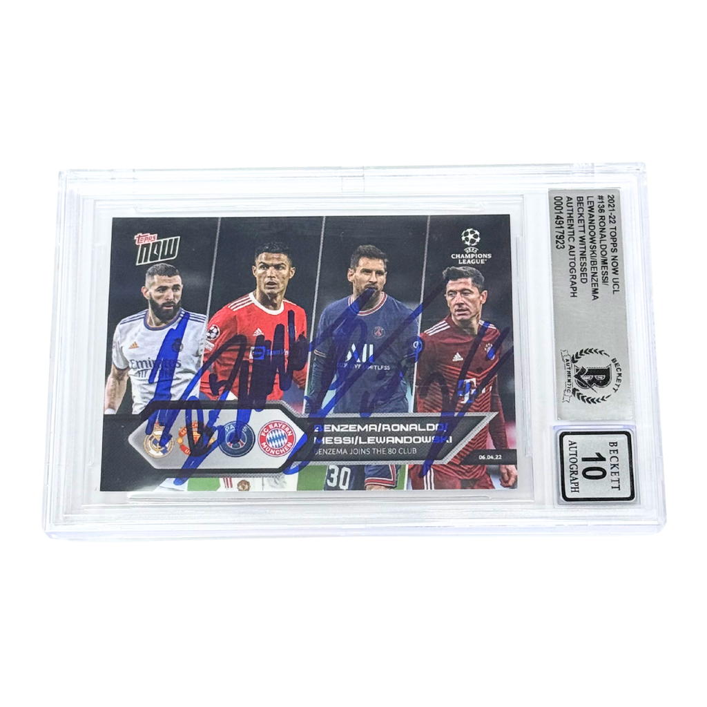 Messi, Ronaldo, Lewandowski, Benzema Signed 2022 Topps Now UCL #136 - BGS 10