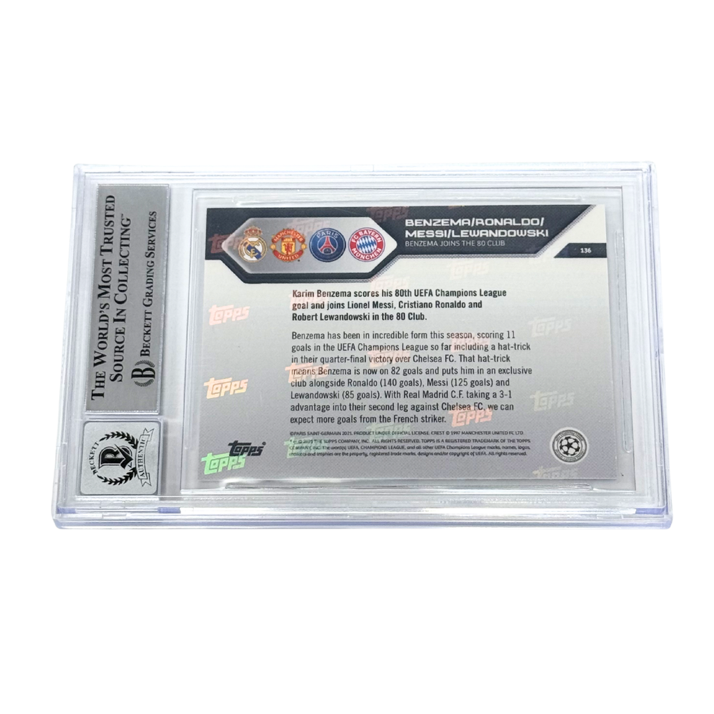 Messi, Ronaldo, Lewandowski, Benzema Signed 2022 Topps Now UCL #136 - BGS 10