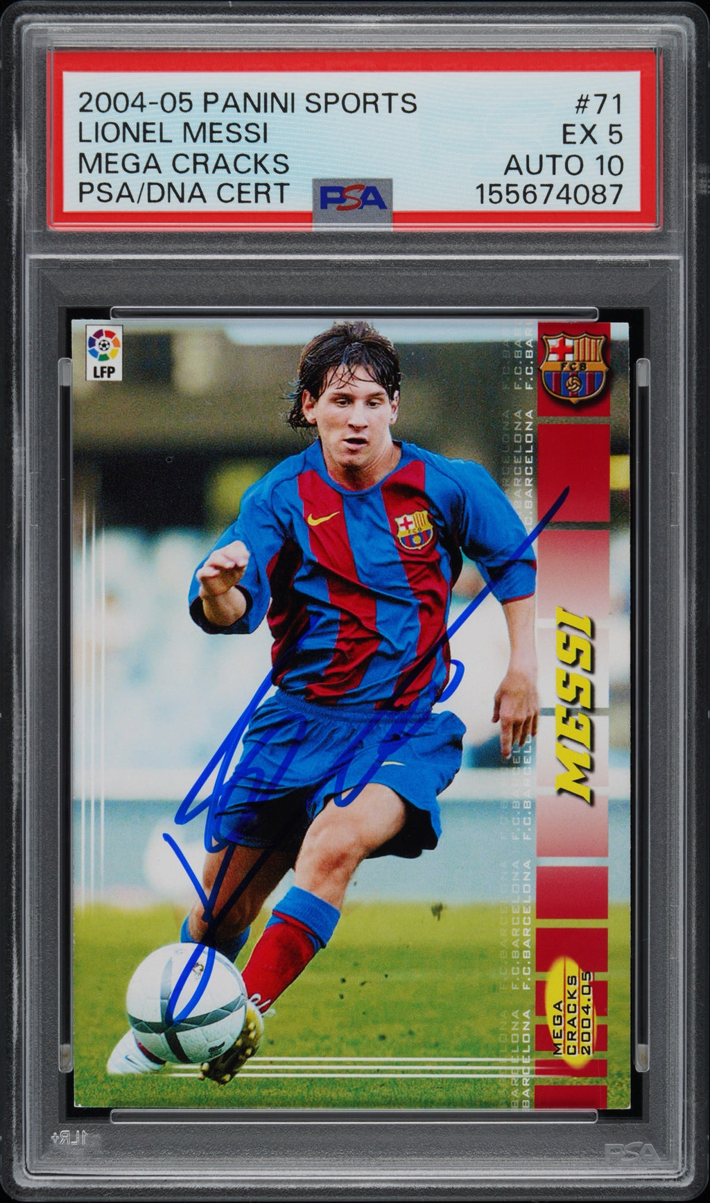 Lionel Messi Signed 2004 Panini Megacracks #71 Rookie Card - PSA 5 AUTO 10