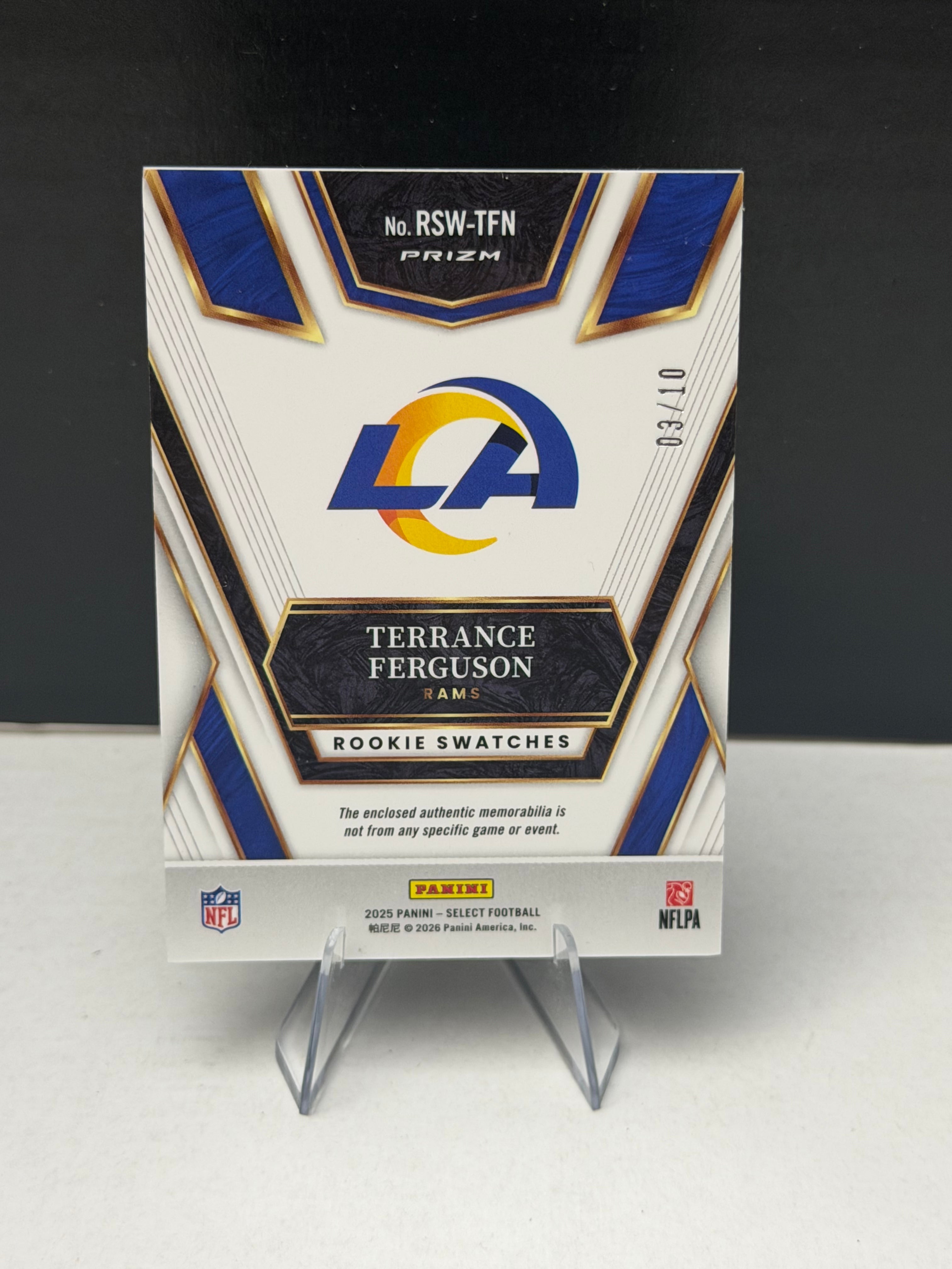 Terrance Ferguson - 2025 Select Football - Rookie Swatches Gold /10
