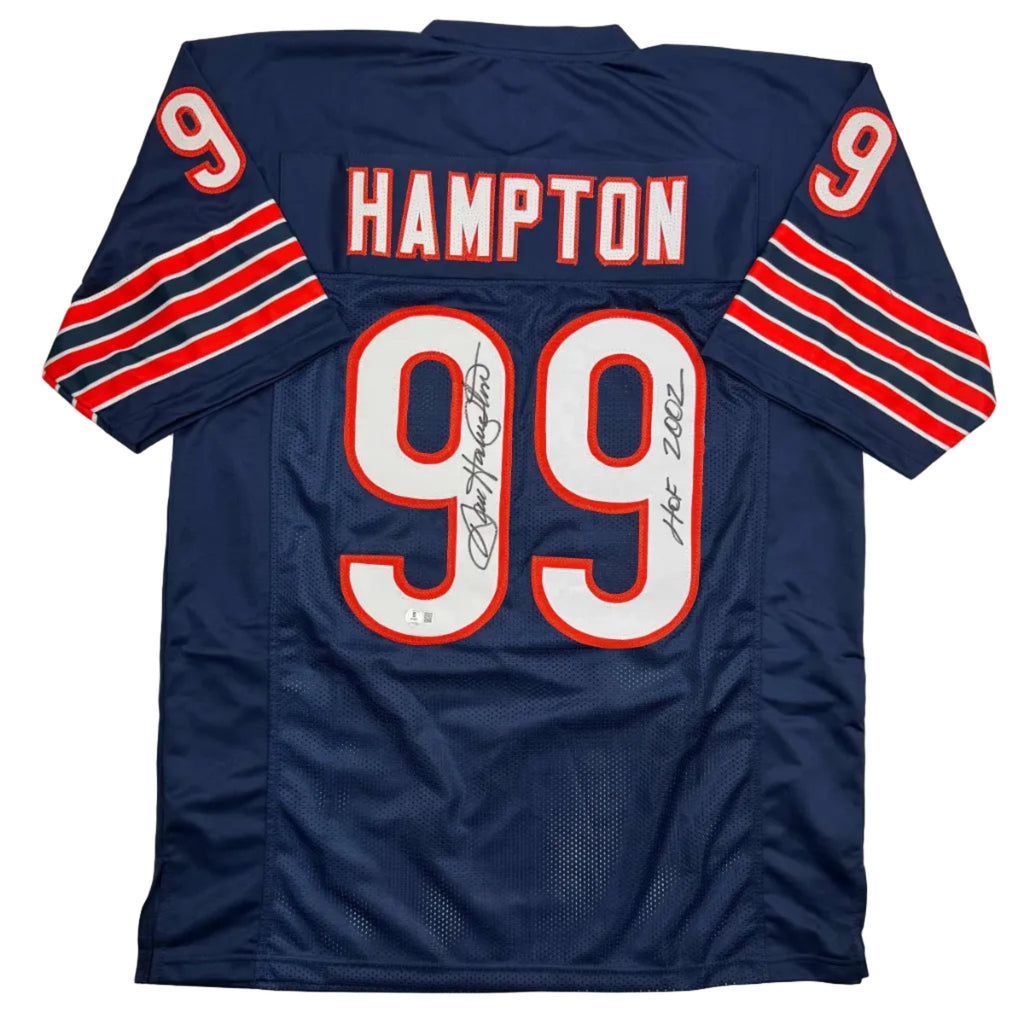 Autographed/Signed Dan Hampton HOF 2002 Chicago Blue Football Jersey Beckett BAS COA