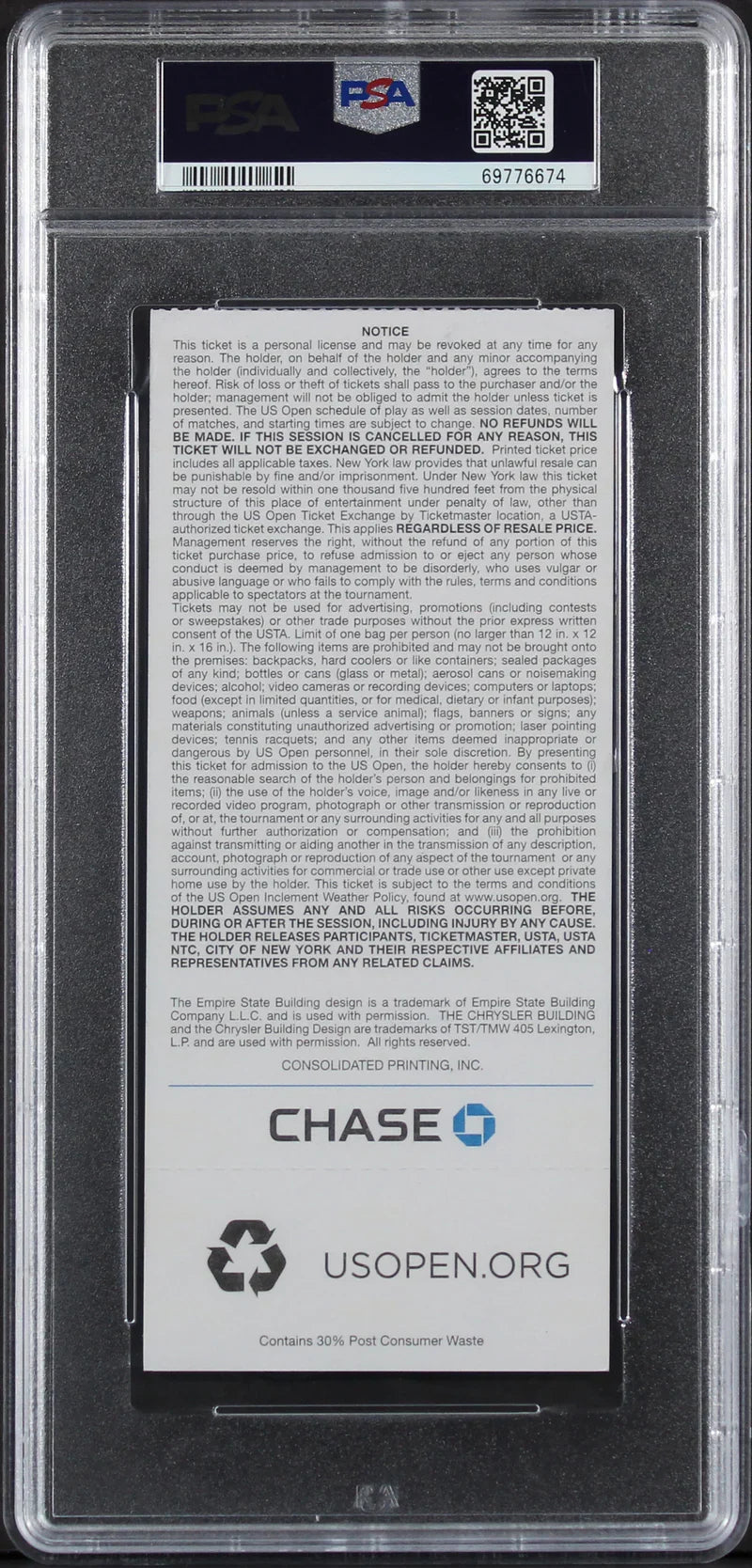 Serena Williams Authentic Signed 2014 U.S. Open Ticket Stub PSA/DNA