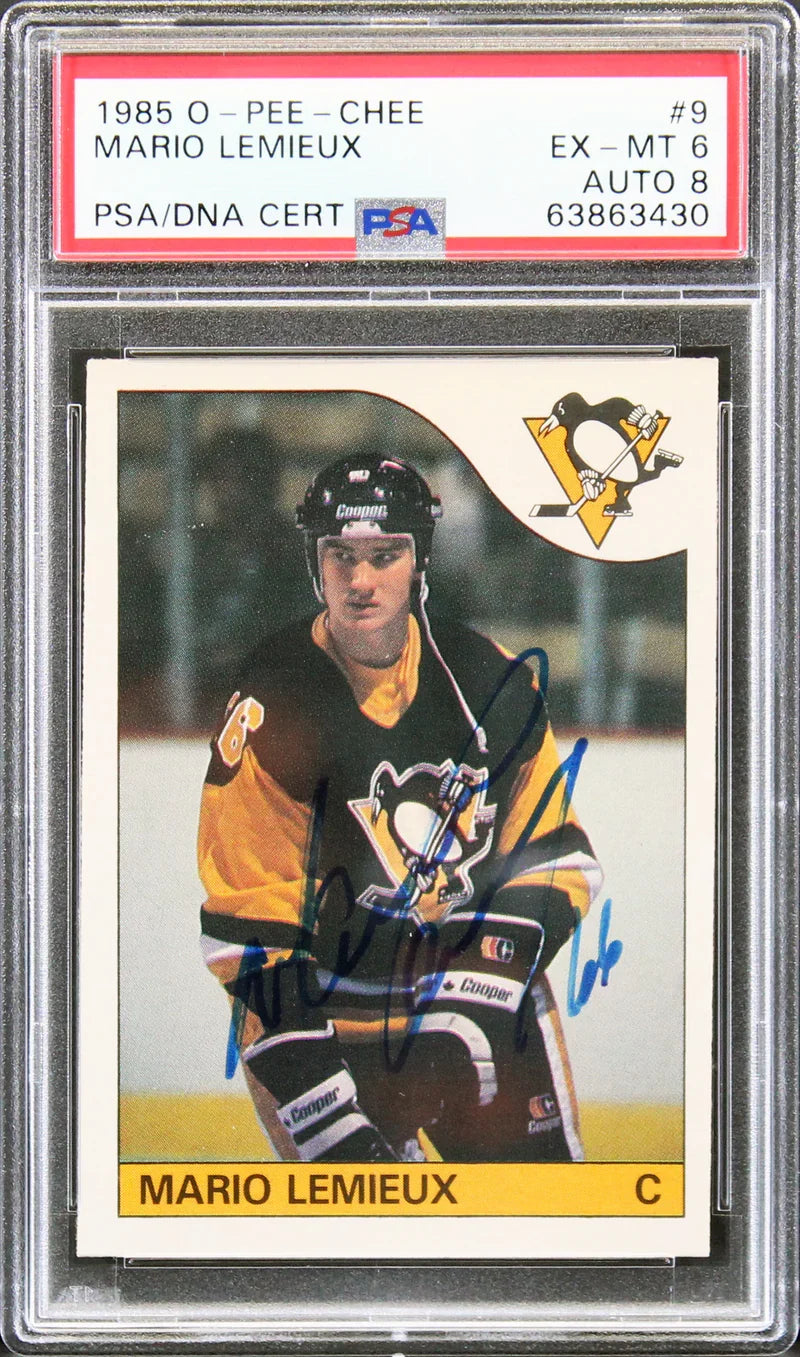 Mario Lemieux Signed 1985 O-Pee-Chee #9 RC Card Graded 6 Auto Grade 8 PSA