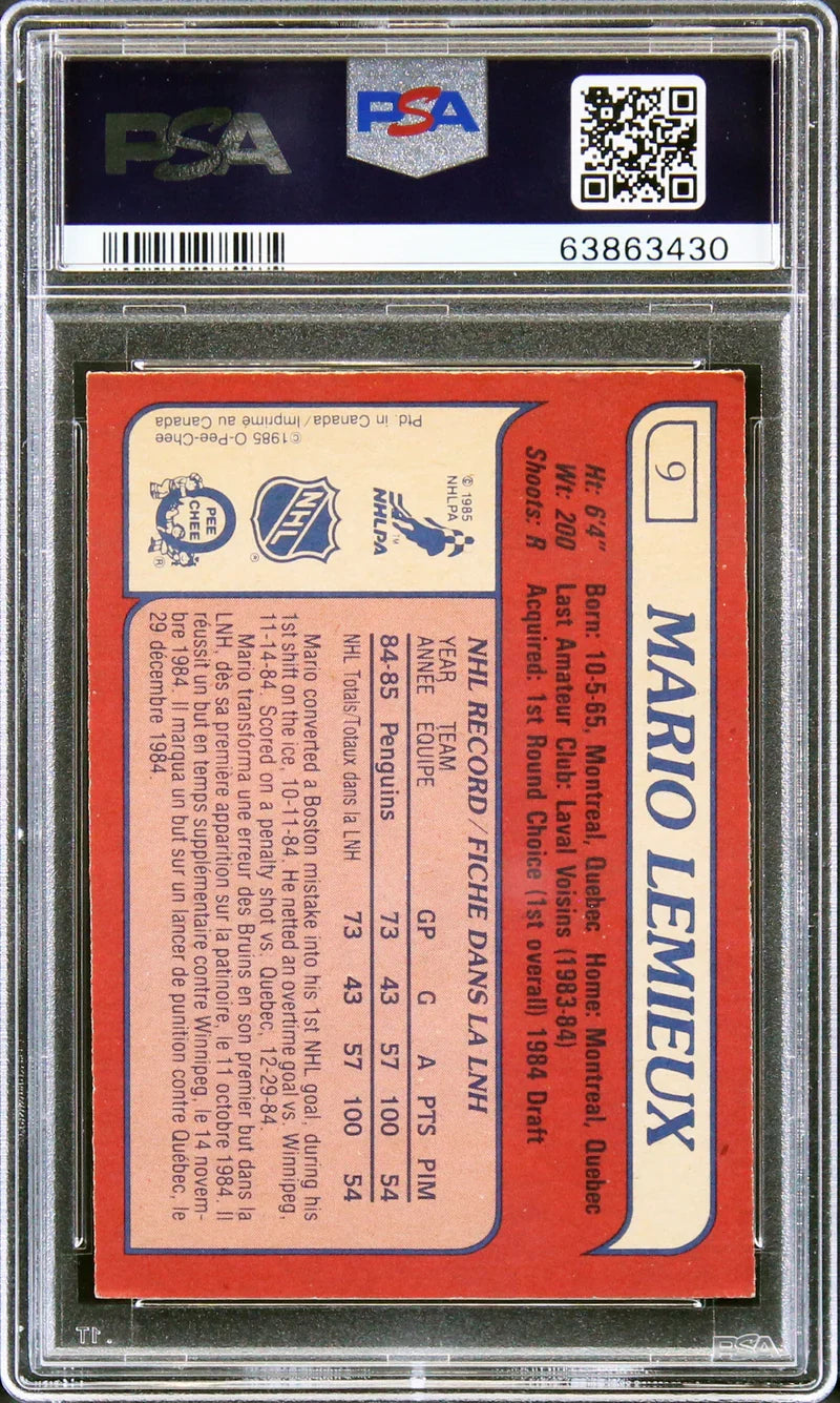 Mario Lemieux Signed 1985 O-Pee-Chee #9 RC Card Graded 6 Auto Grade 8 PSA