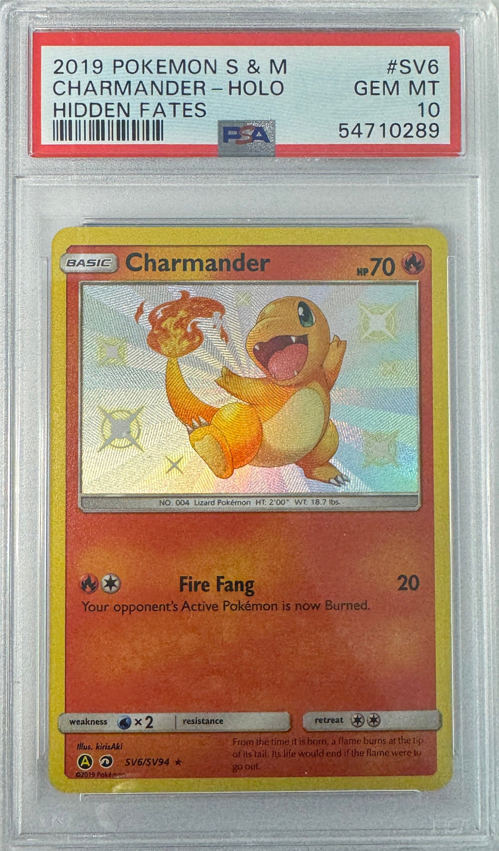 Graded 2019 PKM Sun & Moon Hidden Fates #SV6 Charmander-Holo Hidden Fates Trading Card Game PSA 10 Gem Mint