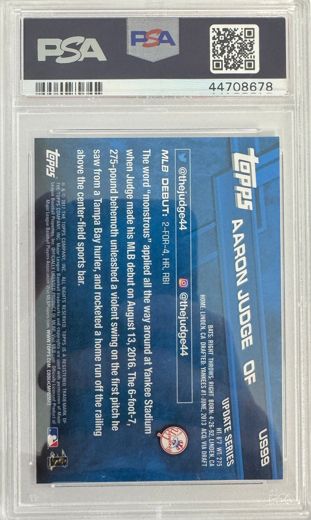 Graded 2017 Topps Update Aaron Judge #US99 Rookie Debut RC Baseball Card PSA 10 Gem Mint