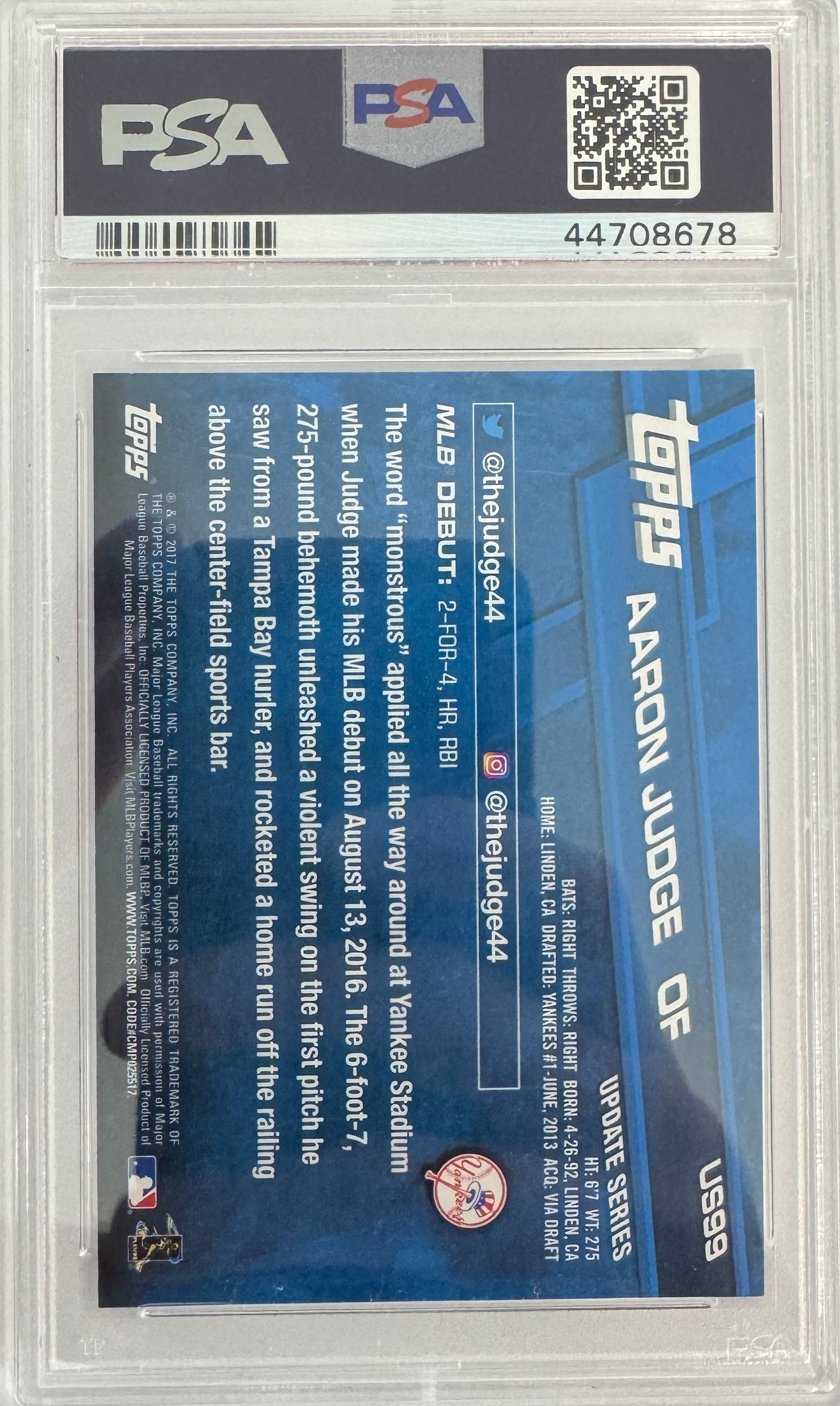 Graded 2017 Topps Update Aaron Judge #US99 Rookie Debut RC Baseball Card PSA 10 Gem Mint