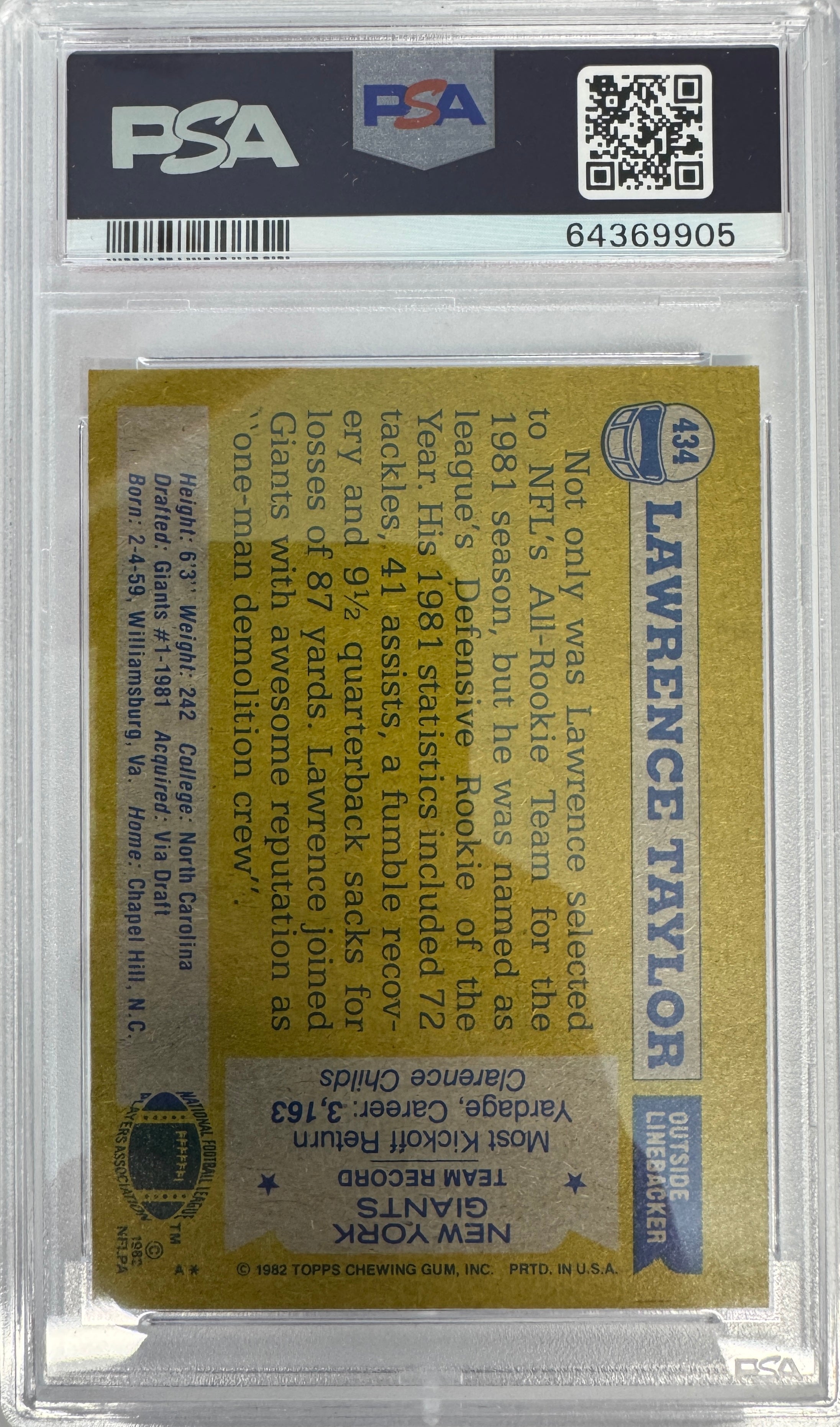Graded 1982 Topps Lawrence Taylor #434 Rookie RC Football Card PSA 8 Near Mint-Mint