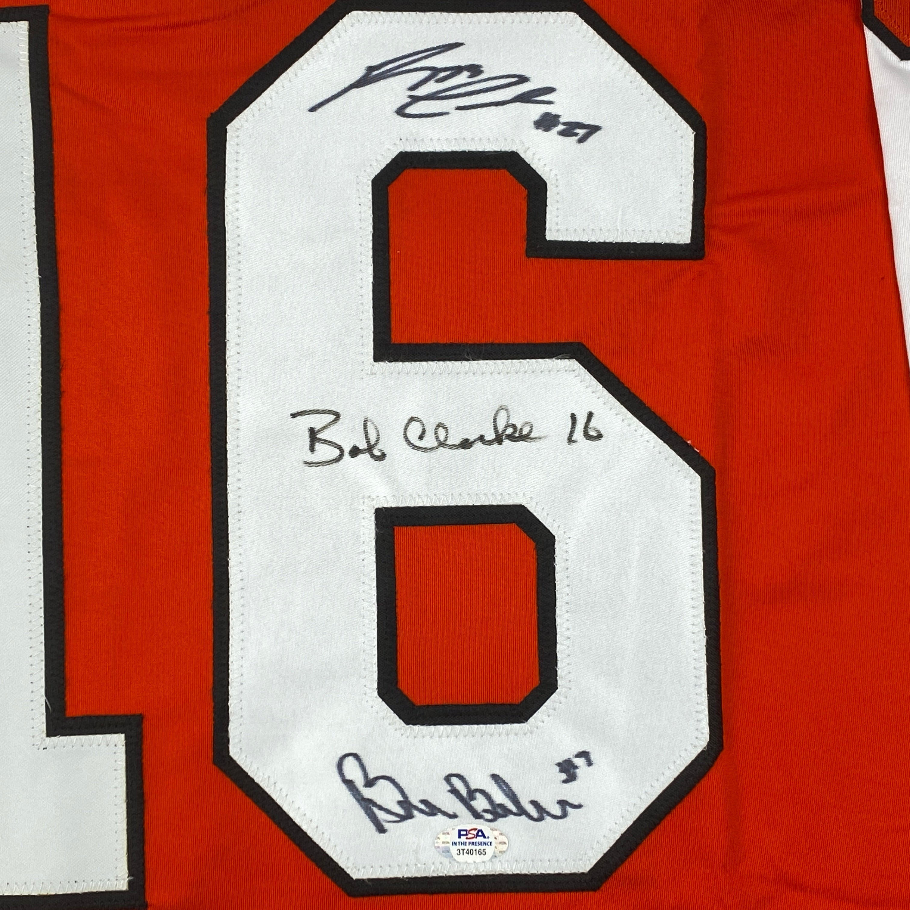 Autographed/Signed Reggie Leach, Bobby Clarke & Bill Barber Philadelphia Orange Hockey Jersey PSA/DNA COA
