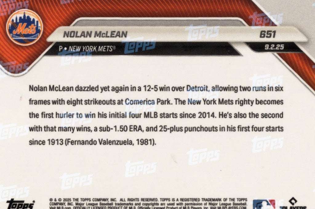 2025 Topps Now Nolan McLean #651 Black Foil /10 New York Mets Rookie RC Baseball Card
