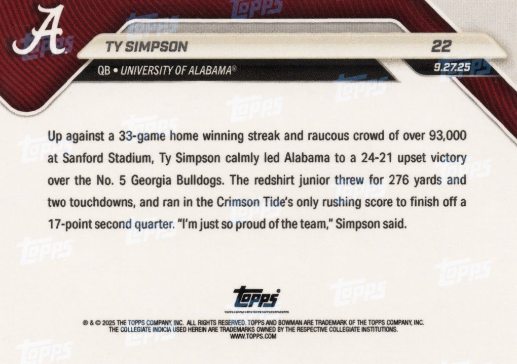 2025 Topps Bowman U Now Ty Simpson #22 Gold Foil /50 Alabama Crimson Tide Rookie RC Football Card