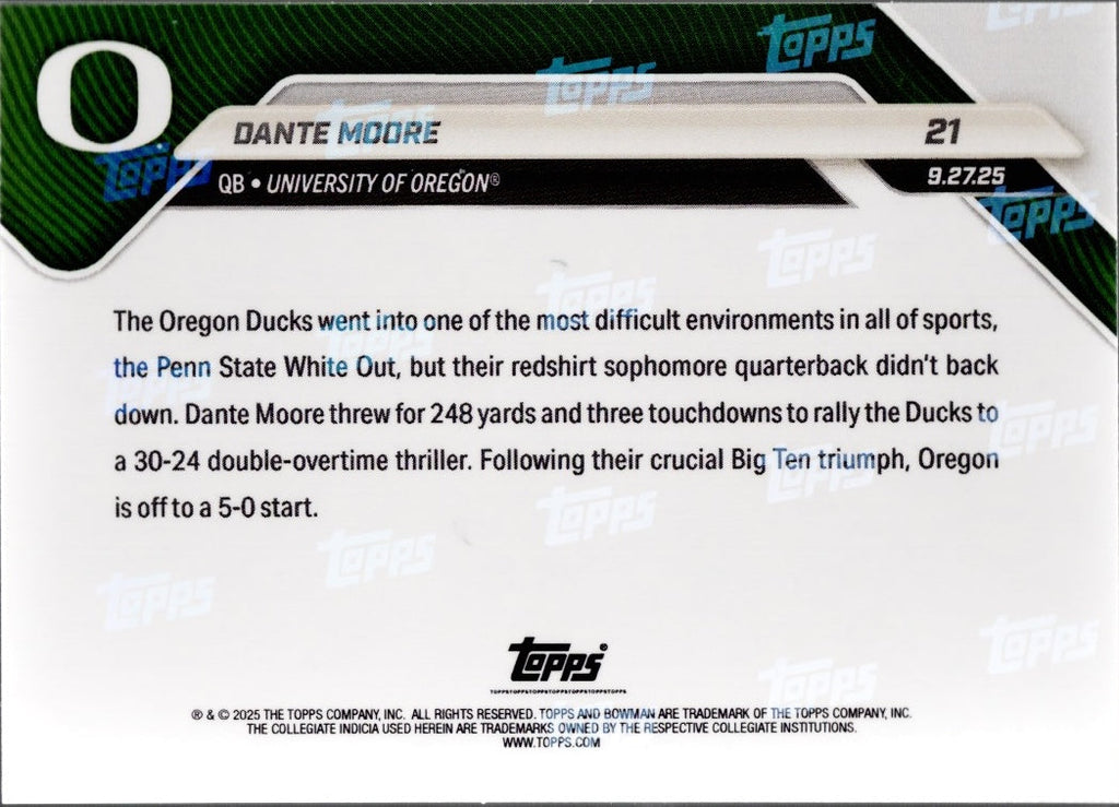 2025 Topps Bowman U Now Dante Moore #21 Black Foil /10 Oregon Ducks Rookie RC Football Card