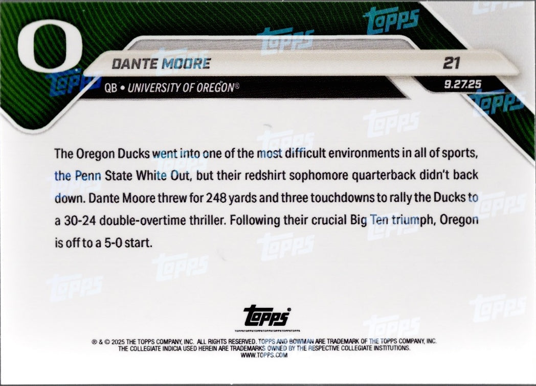 2025 Topps Bowman U Now Dante Moore #21 Black Foil /10 Oregon Ducks Rookie RC Football Card