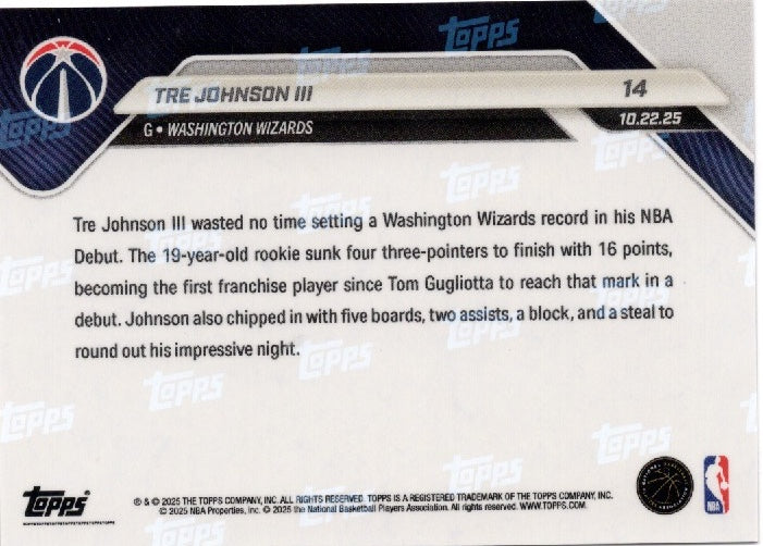 2025 Topps Now Tre Johnson #14 Gold Foil /50 Washington Wizards Rookie RC Basketball Card