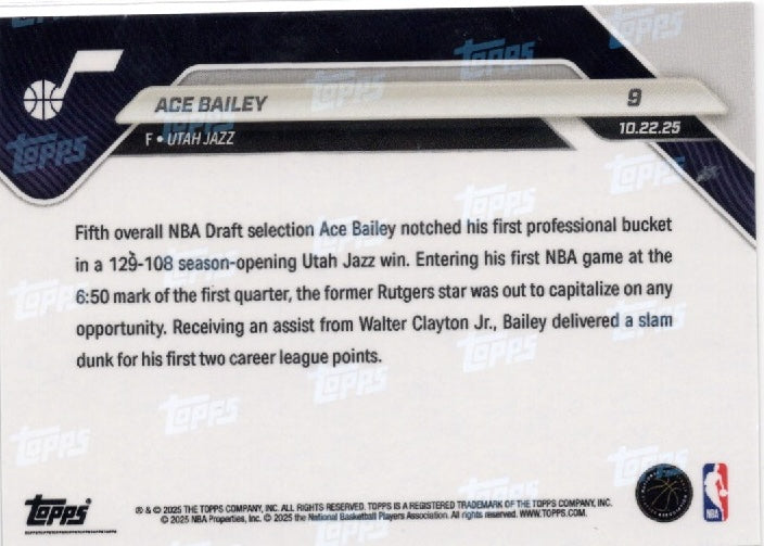 2025 Topps Now Ace Bailey #9 Green Foil /99 Utah Jazz Rookie RC Basketball Card