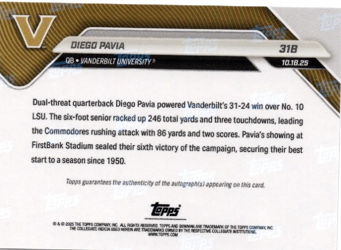 2025 Topps Bowman U Now Diego Pavia #31B Red Auto /5 Vanderbilt Commodores Rookie RC Football Card