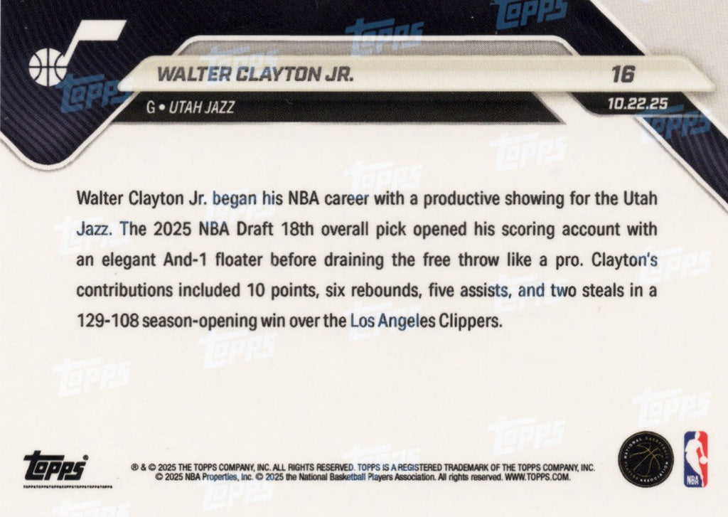 2025 Topps Now Walter Clayton Jr #16 Orange Foil /25 Utah Jazz Rookie RC Basketball Card