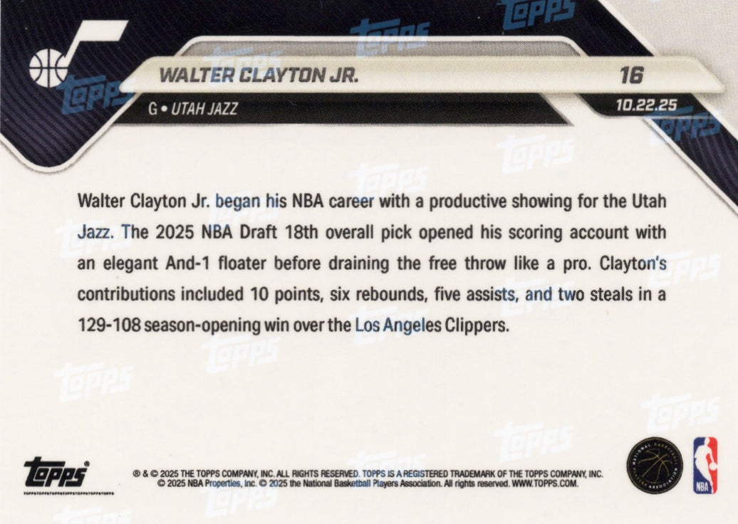 2025 Topps Now Walter Clayton Jr #16 Orange Foil /25 Utah Jazz Rookie RC Basketball Card
