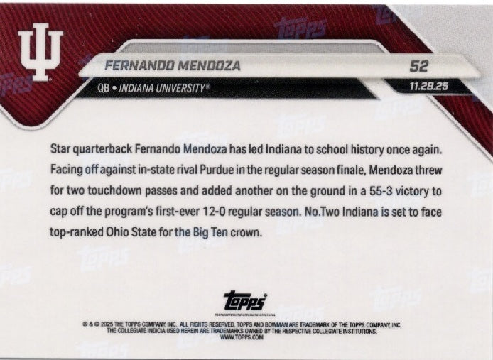 2025 Topps Bowman U Now Fernando Mendoza #52 Orange Foil /25 Indiana Hoosiers Rookie RC Football Card