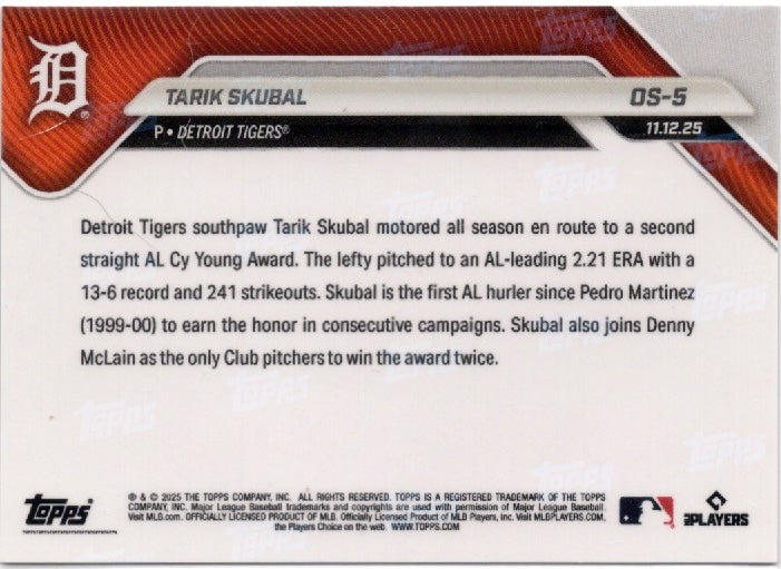 2025 Topps Now Tarik Skubal #OS5 Gold Foil /50 Detroit Tigers Baseball Card